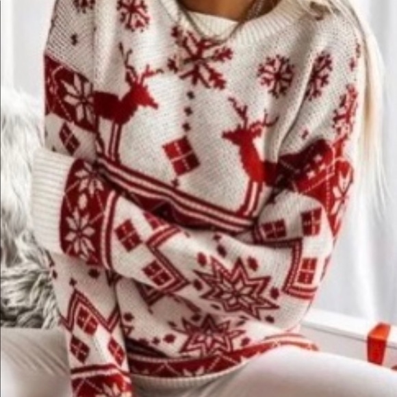 Airycloth Fashion Sweaters - Round Neck Animal Loose Regular Sweater Shift Color: Red and White Size: M